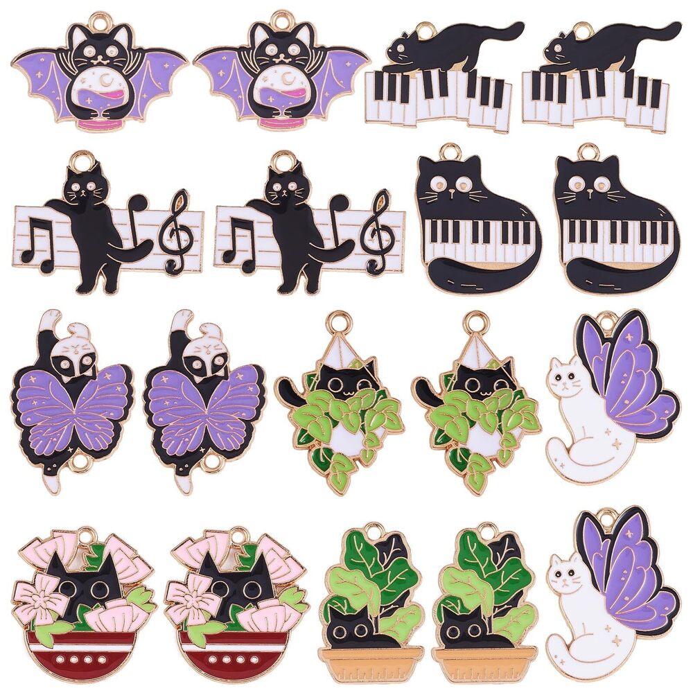2892 18Pcs Cat Charms Pendants Bat Alloy Enamel Charms Cute Cartoon Animal